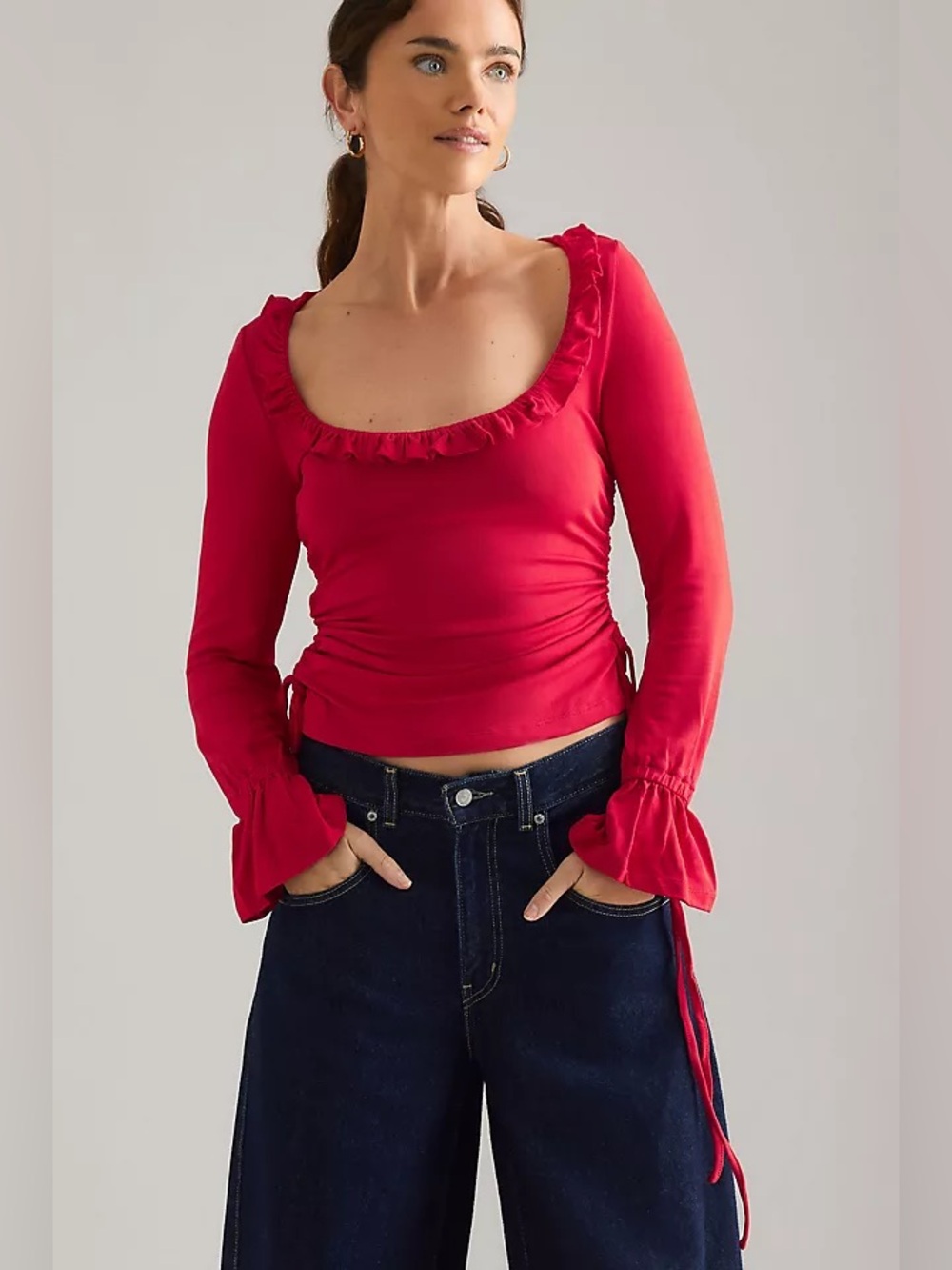 Anthropologie Maeve Long-Sleeve Scoop-Neck Ruched Top